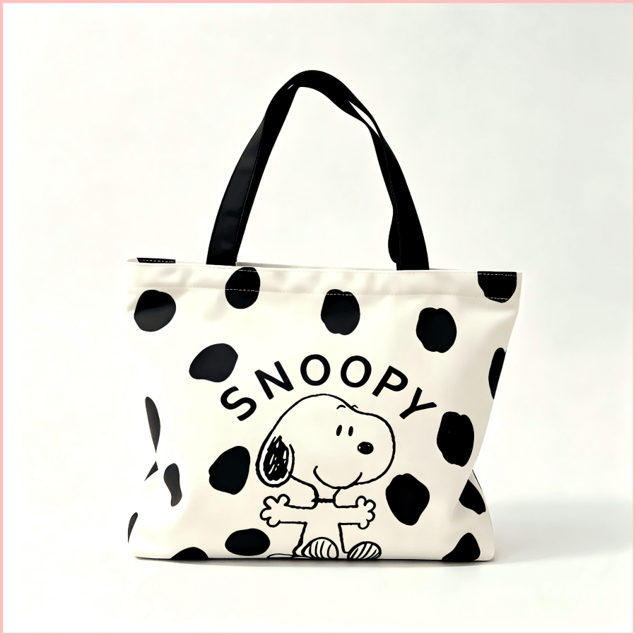 1PC Cute Black Polka Dot Snoopy Print Canvas Tote Bag, Large Capacity Casual Shoulder Bag, Lightweight Daily Shopping Bag, Sweet Birthday Christmas Gift For Women, Teen Girls, Friends