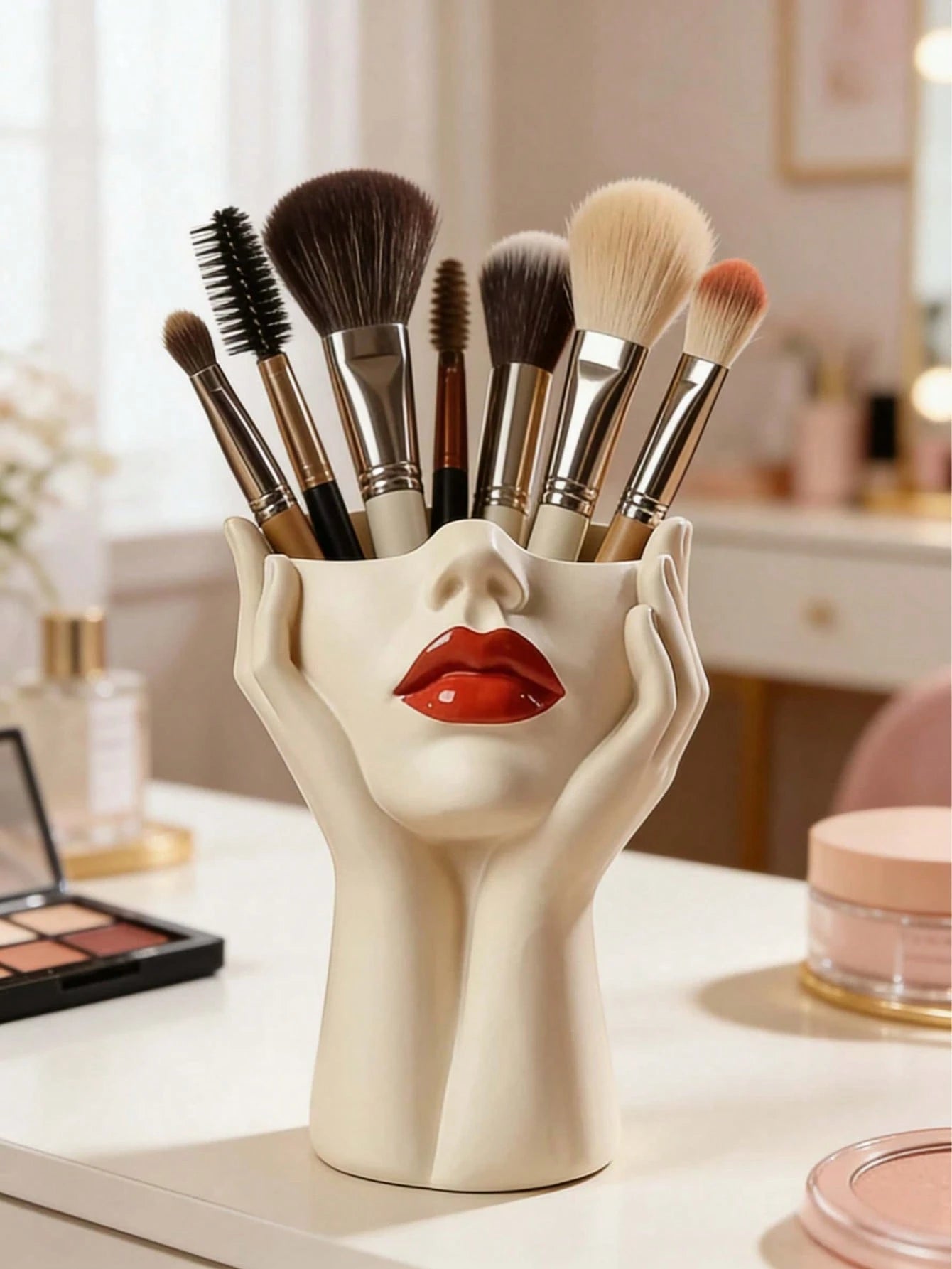 1pc Cute Palm-Shaped Pen Holder, For Bathroom Makeup Brush And Cosmetic Storage. Elegant Makeup Brush Organizer Is Ideal For Girls, Students And Creative Decorators. For Vacation, Beach, Bedroom And O