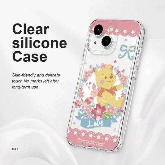 1pc Disney Flower Winnie The Pooh Pattern Phone Case TPU Material Transparent Silicone- Cartoon, Fun, Girly, Cute, Comfortable Touch, Instagram Style, Pooh Bear- Compatible With IPhone 17/17 Pro/17