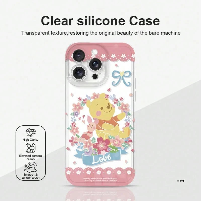 1pc Disney Flower Winnie The Pooh Pattern Phone Case TPU Material Transparent Silicone- Cartoon, Fun, Girly, Cute, Comfortable Touch, Instagram Style, Pooh Bear- Compatible With IPhone 17/17 Pro/17
