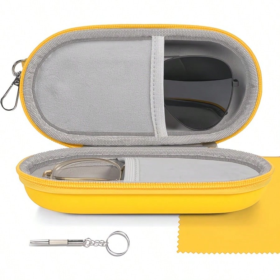 1PC Double Layer Glasses Case, Can Store Two Pairs Of Glasses, Equipped With Clip And Zipper Closure Fashion Glasses Zipper Bag, Foldable Glasses Storage Box Round Earphone Storage Packaging Box
