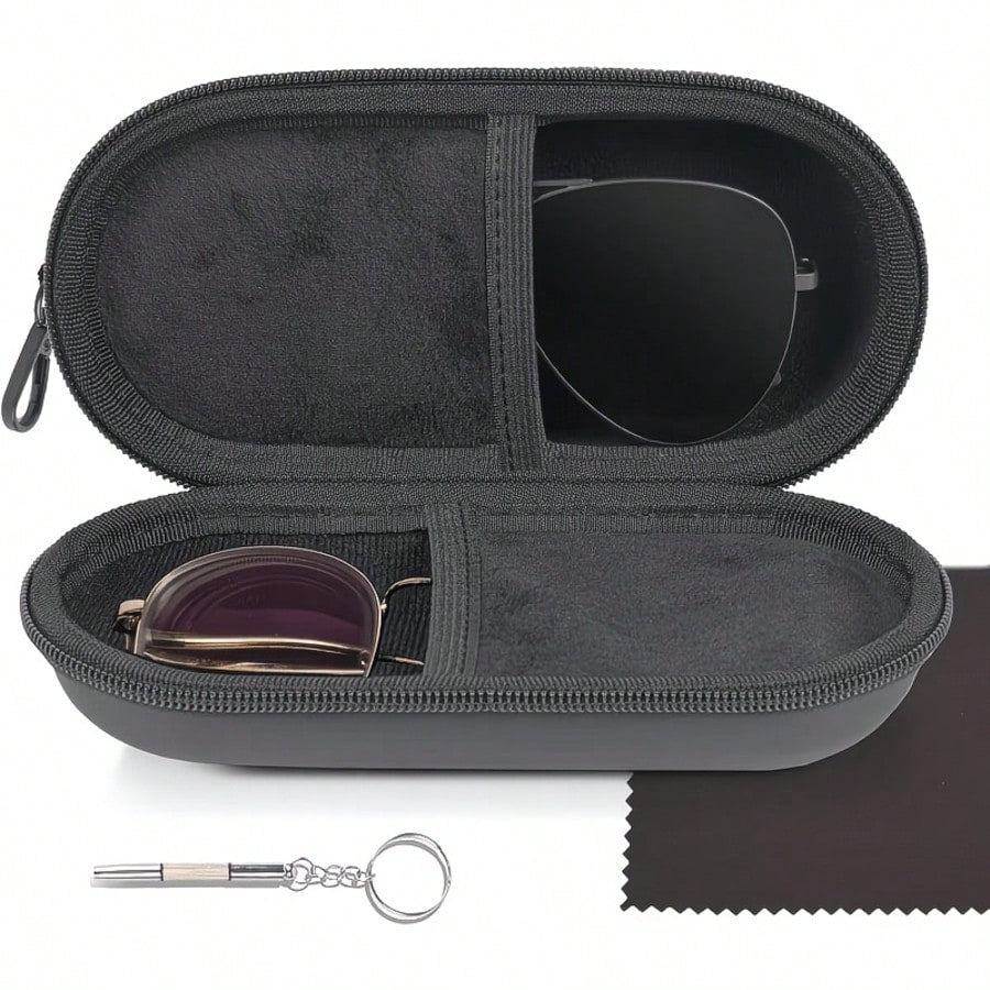 1PC Double Layer Glasses Case, Can Store Two Pairs Of Glasses, Equipped With Clip And Zipper Closure Fashion Glasses Zipper Bag, Foldable Glasses Storage Box Round Earphone Storage Packaging Box