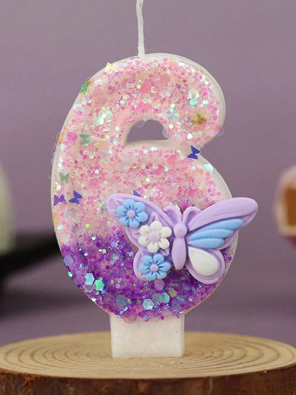 1pc Elegant Butterfly Number Birthday Candle 0-9, Wedding, Anniversary, Baby Shower, Bridal Shower, Birthday, Housewarming Party- Glitter Cake Decoration Ornaments- Paraffin Wax Cake Decoration Supp