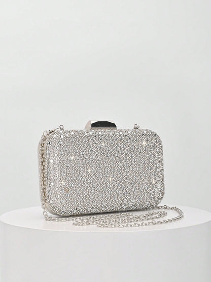 1pc Elegant Shiny Silver Sequin Crystal Decorated Clutch Bag, Luxury Fashion Shoulder Bag, Suitable For Evening Party, Wedding And Other Formal Occasions, Perfect Gift For Female Friends- Ideal Choic