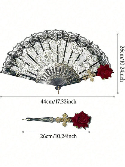 1pc Elegant Vintage Spanish Lace Fan Luxurious European Rose Folding Fan For Cosplay Performance Decoration Valentine's Day