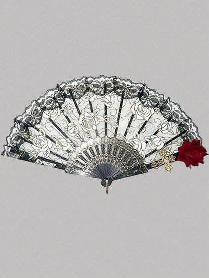 1pc Elegant Vintage Spanish Lace Fan Luxurious European Rose Folding Fan For Cosplay Performance Decoration Valentine's Day