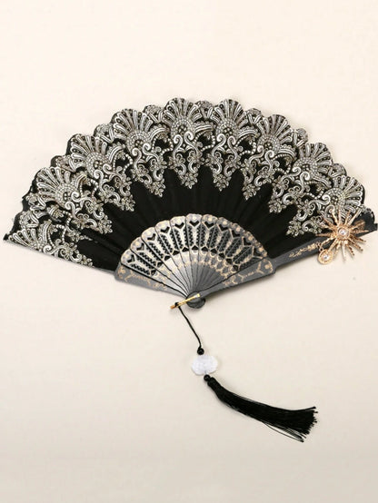 1pc Elegant Vintage Spanish Lace Fan Luxurious European Rose Folding Fan For Cosplay Performance Decoration Valentine's Day