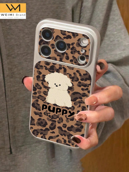 1pc Fashionable Personalized Leopard Print White Dog Pattern Full Coverage Button Classic Anti-Drop Metal Paint Premium Texture Soft Texture PU Leather Phone Case Suitable For Friends, Family, Couples