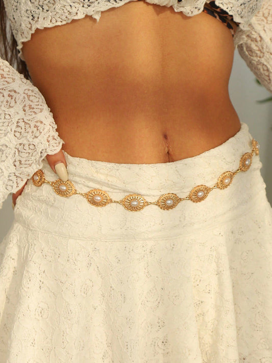 1pc Fashionable Versatile Premium Niche Faux Pearl Waist Chain Hollow Design Buckle Body Chain Belt Decoration, Suitable For All Occasions, Beach Vacation, Party Daily, Perfect Holiday Gift, Boho Chic
