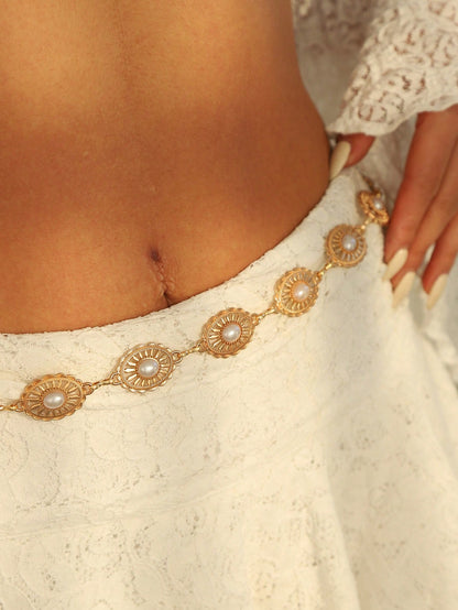 1pc Fashionable Versatile Premium Niche Faux Pearl Waist Chain Hollow Design Buckle Body Chain Belt Decoration, Suitable For All Occasions, Beach Vacation, Party Daily, Perfect Holiday Gift, Boho Chic