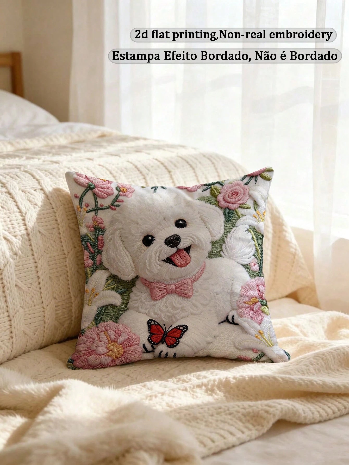1pc Faux Embroidery Bichon Frise Dog Pillow Case, Cute Puppy Floral Butterfly Pattern Pillow Case, Pet Lover Sofa Bedroom Decor (Pillow Insert Not Included)