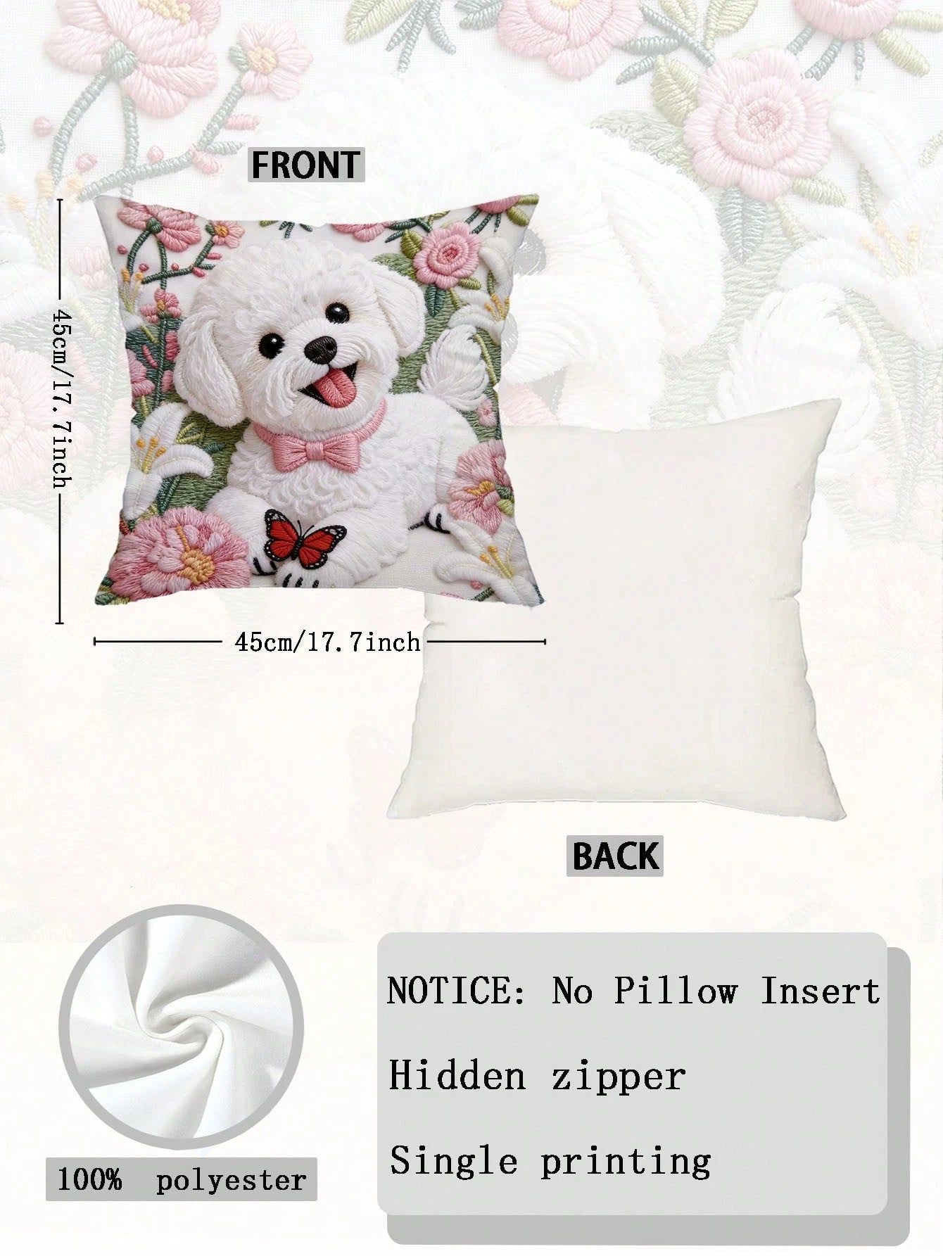1pc Faux Embroidery Bichon Frise Dog Pillow Case, Cute Puppy Floral Butterfly Pattern Pillow Case, Pet Lover Sofa Bedroom Decor (Pillow Insert Not Included)
