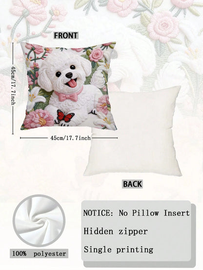 1pc Faux Embroidery Bichon Frise Dog Pillow Case, Cute Puppy Floral Butterfly Pattern Pillow Case, Pet Lover Sofa Bedroom Decor (Pillow Insert Not Included)