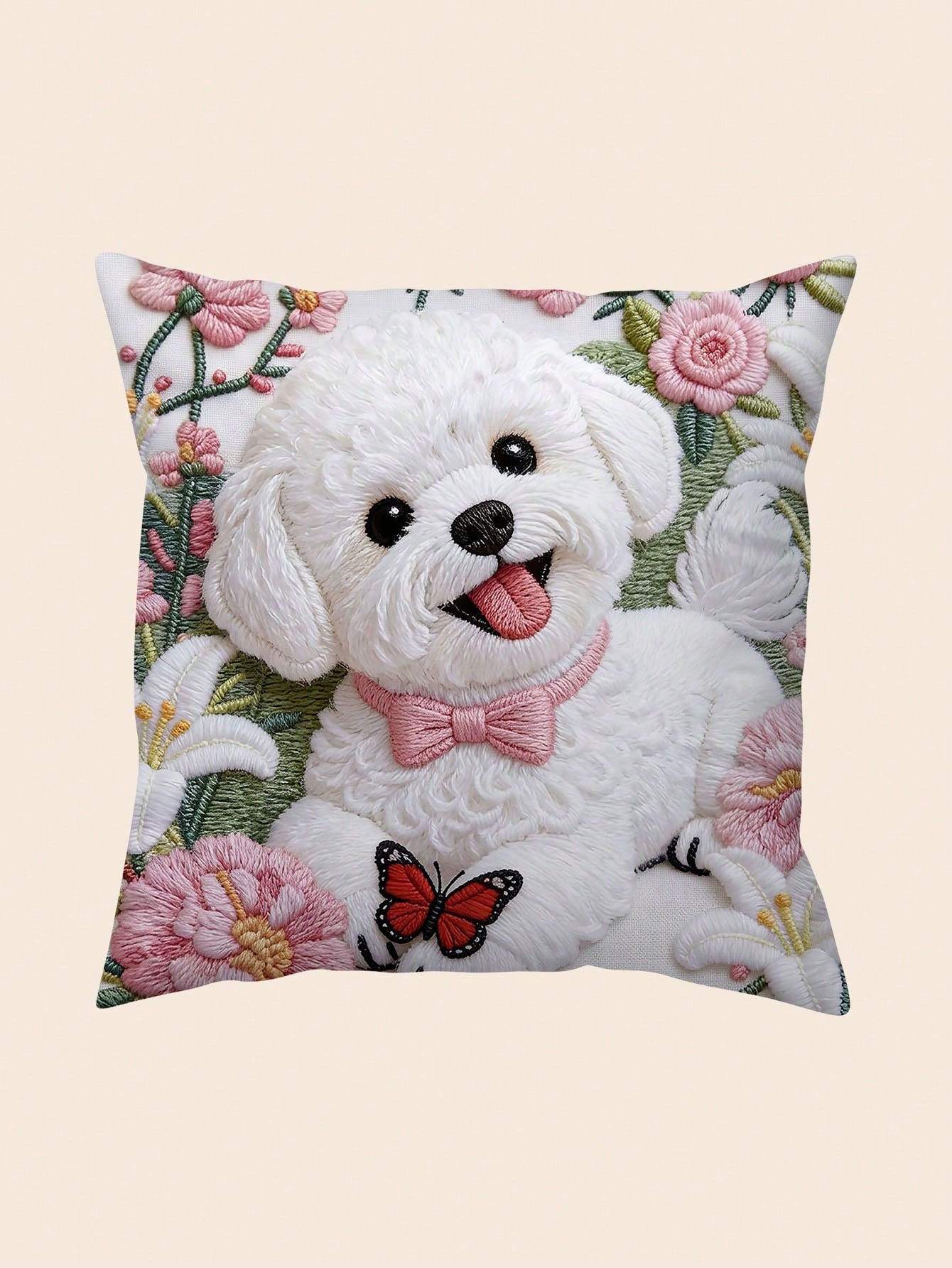 1pc Faux Embroidery Bichon Frise Dog Pillow Case, Cute Puppy Floral Butterfly Pattern Pillow Case, Pet Lover Sofa Bedroom Decor (Pillow Insert Not Included)