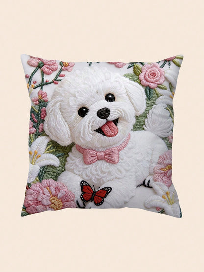 1pc Faux Embroidery Bichon Frise Dog Pillow Case, Cute Puppy Floral Butterfly Pattern Pillow Case, Pet Lover Sofa Bedroom Decor (Pillow Insert Not Included)