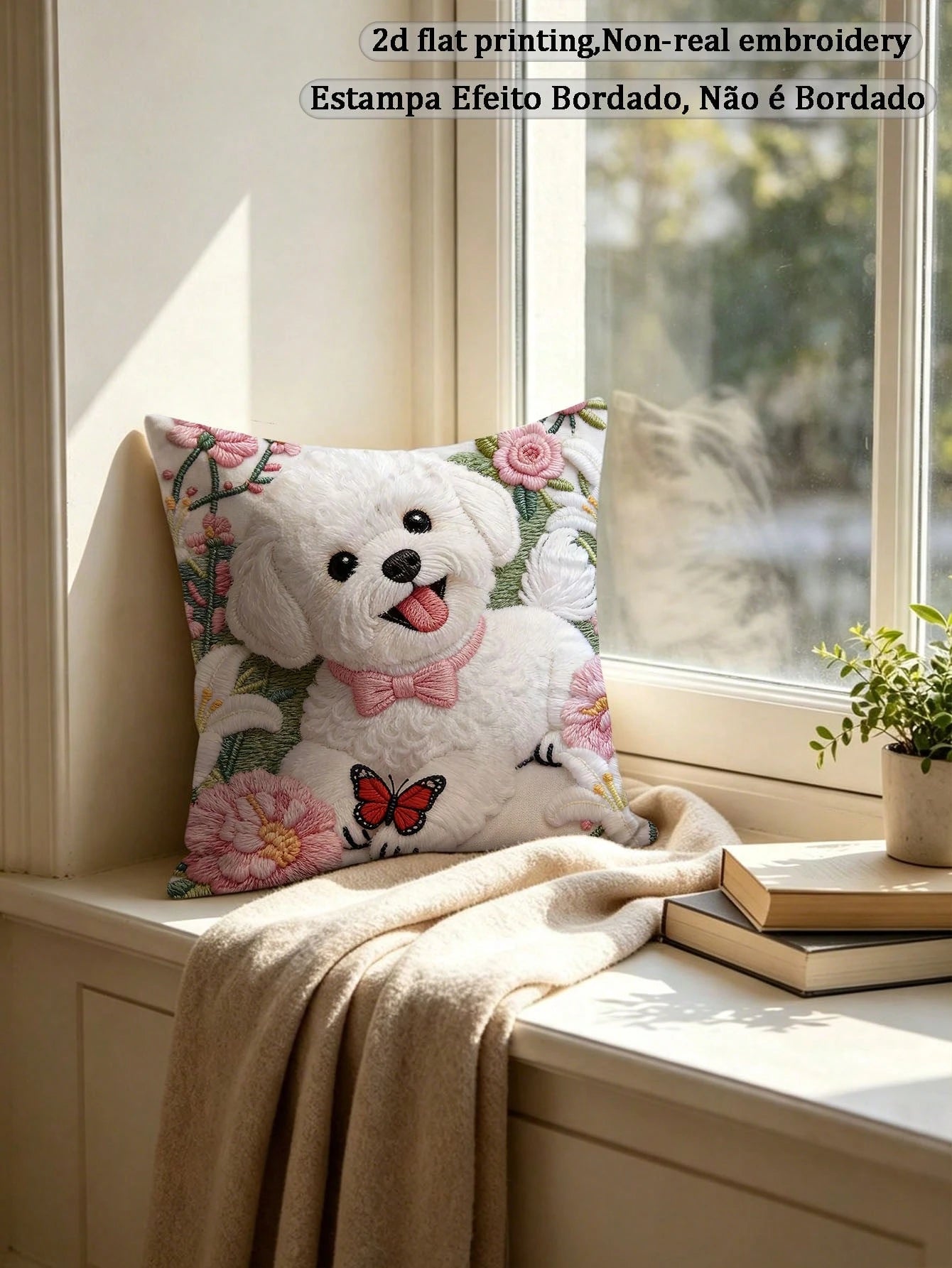 1pc Faux Embroidery Bichon Frise Dog Pillow Case, Cute Puppy Floral Butterfly Pattern Pillow Case, Pet Lover Sofa Bedroom Decor (Pillow Insert Not Included)