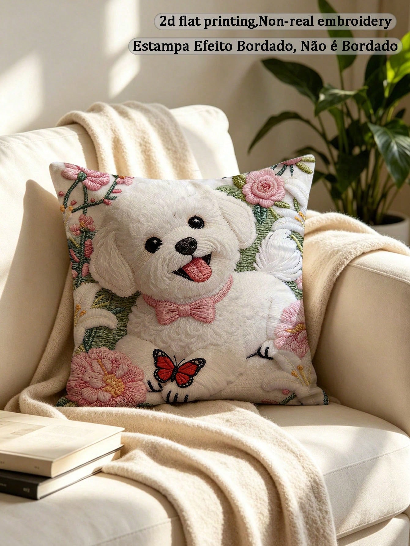 1pc Faux Embroidery Bichon Frise Dog Pillow Case, Cute Puppy Floral Butterfly Pattern Pillow Case, Pet Lover Sofa Bedroom Decor (Pillow Insert Not Included)