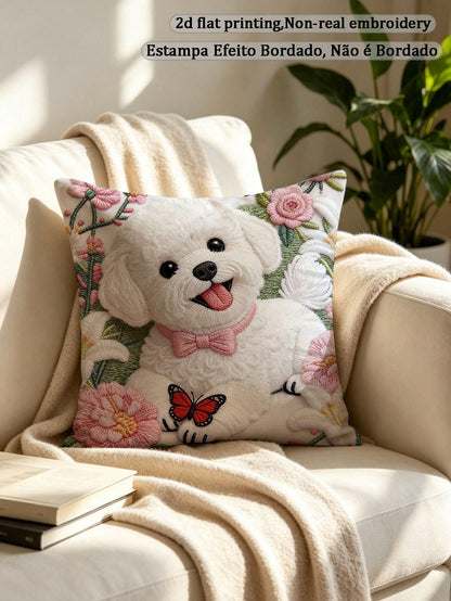 1pc Faux Embroidery Bichon Frise Dog Pillow Case, Cute Puppy Floral Butterfly Pattern Pillow Case, Pet Lover Sofa Bedroom Decor (Pillow Insert Not Included)