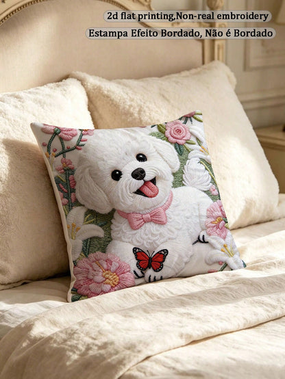 1pc Faux Embroidery Bichon Frise Dog Pillow Case, Cute Puppy Floral Butterfly Pattern Pillow Case, Pet Lover Sofa Bedroom Decor (Pillow Insert Not Included)
