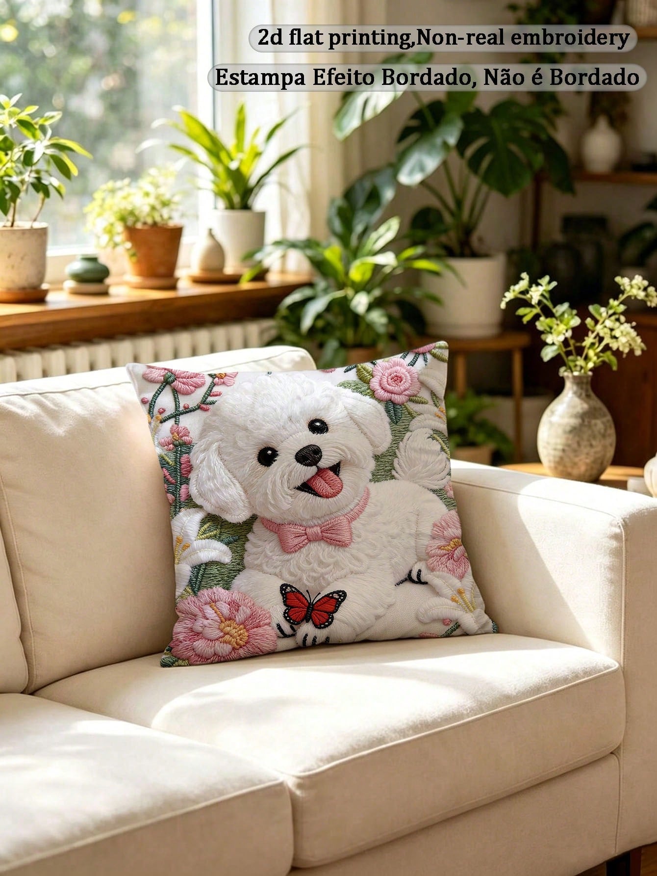 1pc Faux Embroidery Bichon Frise Dog Pillow Case, Cute Puppy Floral Butterfly Pattern Pillow Case, Pet Lover Sofa Bedroom Decor (Pillow Insert Not Included)