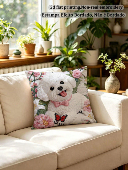 1pc Faux Embroidery Bichon Frise Dog Pillow Case, Cute Puppy Floral Butterfly Pattern Pillow Case, Pet Lover Sofa Bedroom Decor (Pillow Insert Not Included)