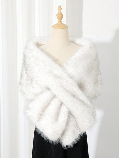 1pc Faux Fur Bridal Shawl With Collar, Autumn/Winter Cape For Wedding Dress, Scarf