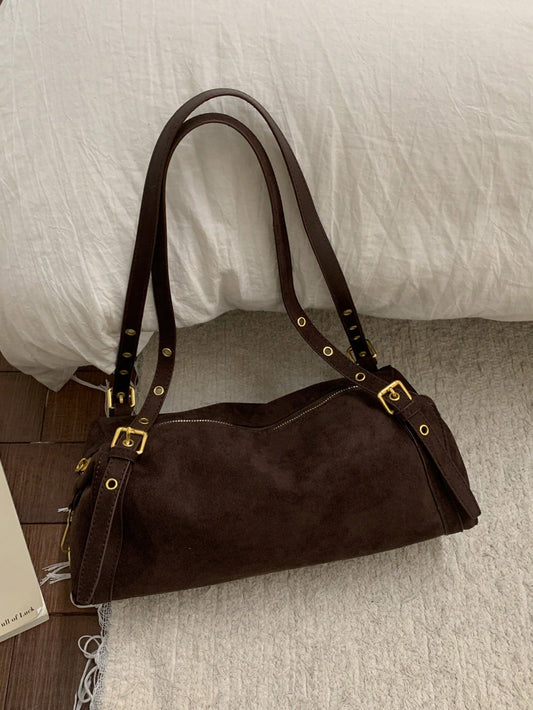 1pc Faux Suede Handbag With Gold-Tone Hardware, Convertible Tote & Shoulder Bag, Zipper Closure, Vintage Casual Style, Suitable For Commuting, Dating, Shopping In Autumn/Winter