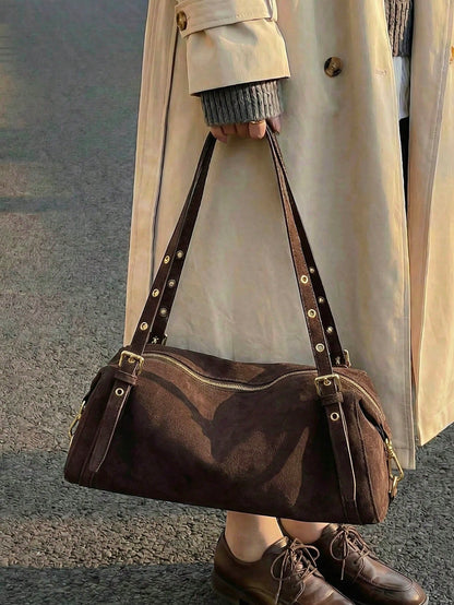 1pc Faux Suede Handbag With Gold-Tone Hardware, Convertible Tote & Shoulder Bag, Zipper Closure, Vintage Casual Style, Suitable For Commuting, Dating, Shopping In Autumn/Winter