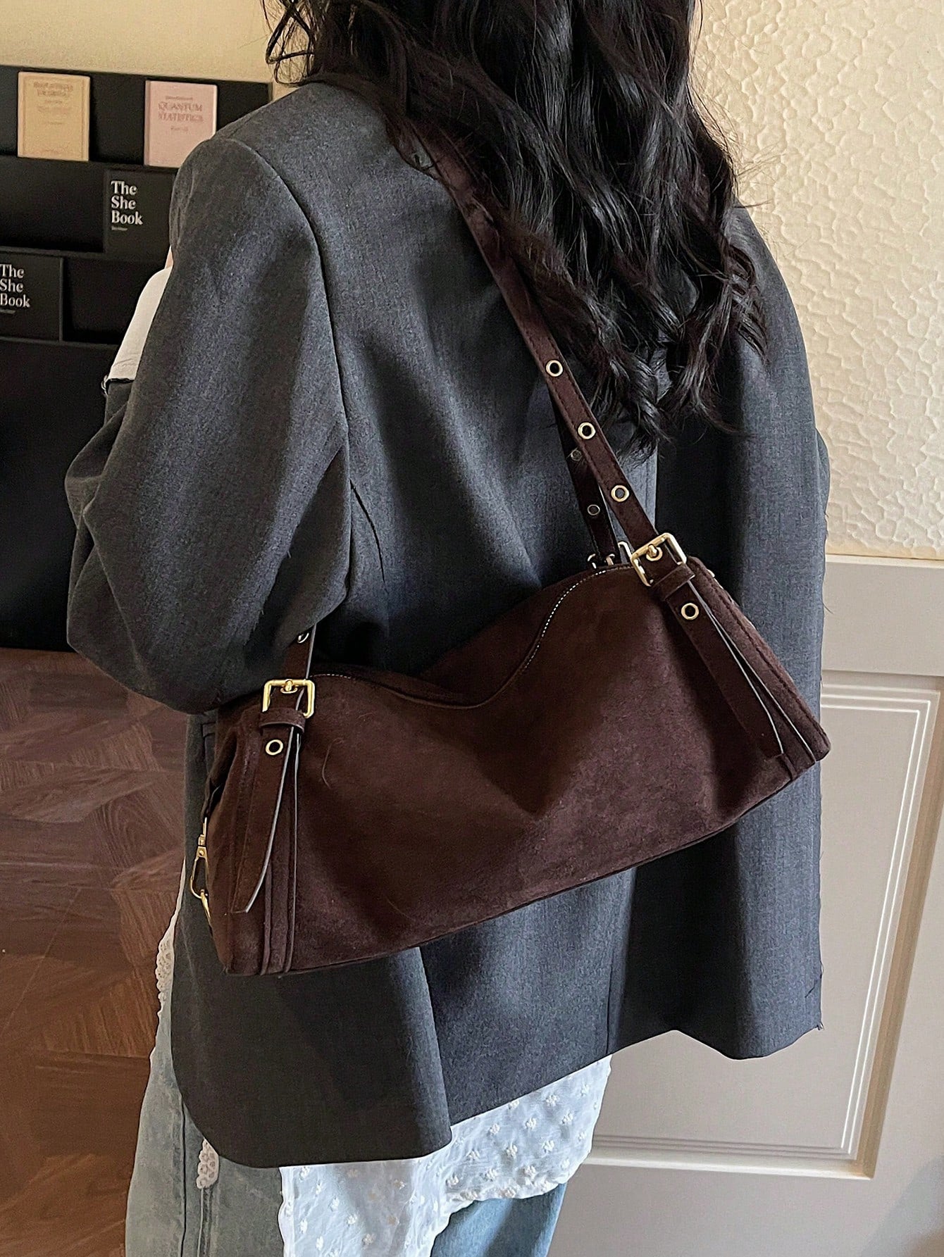 1pc Faux Suede Handbag With Gold-Tone Hardware, Convertible Tote & Shoulder Bag, Zipper Closure, Vintage Casual Style, Suitable For Commuting, Dating, Shopping In Autumn/Winter