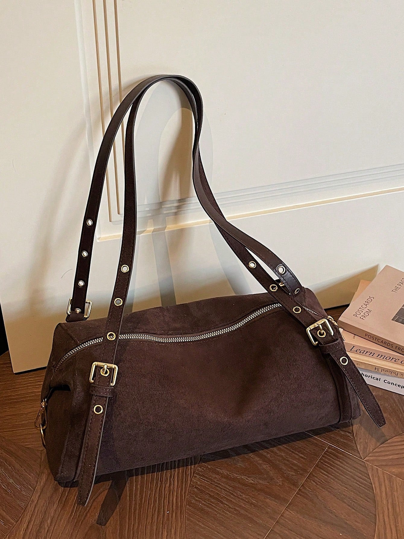1pc Faux Suede Handbag With Gold-Tone Hardware, Convertible Tote & Shoulder Bag, Zipper Closure, Vintage Casual Style, Suitable For Commuting, Dating, Shopping In Autumn/Winter