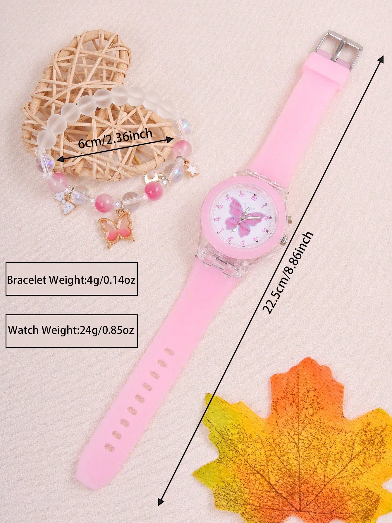 1pc Girls Butterfly Pattern Silicone Strap Cute Luminous Round Dial Quartz Watch & 1pc Beaded Bracelet, For Daily Life