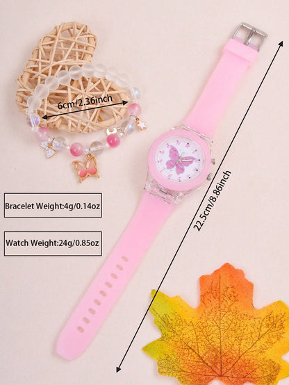 1pc Girls Butterfly Pattern Silicone Strap Cute Luminous Round Dial Quartz Watch & 1pc Beaded Bracelet, For Daily Life