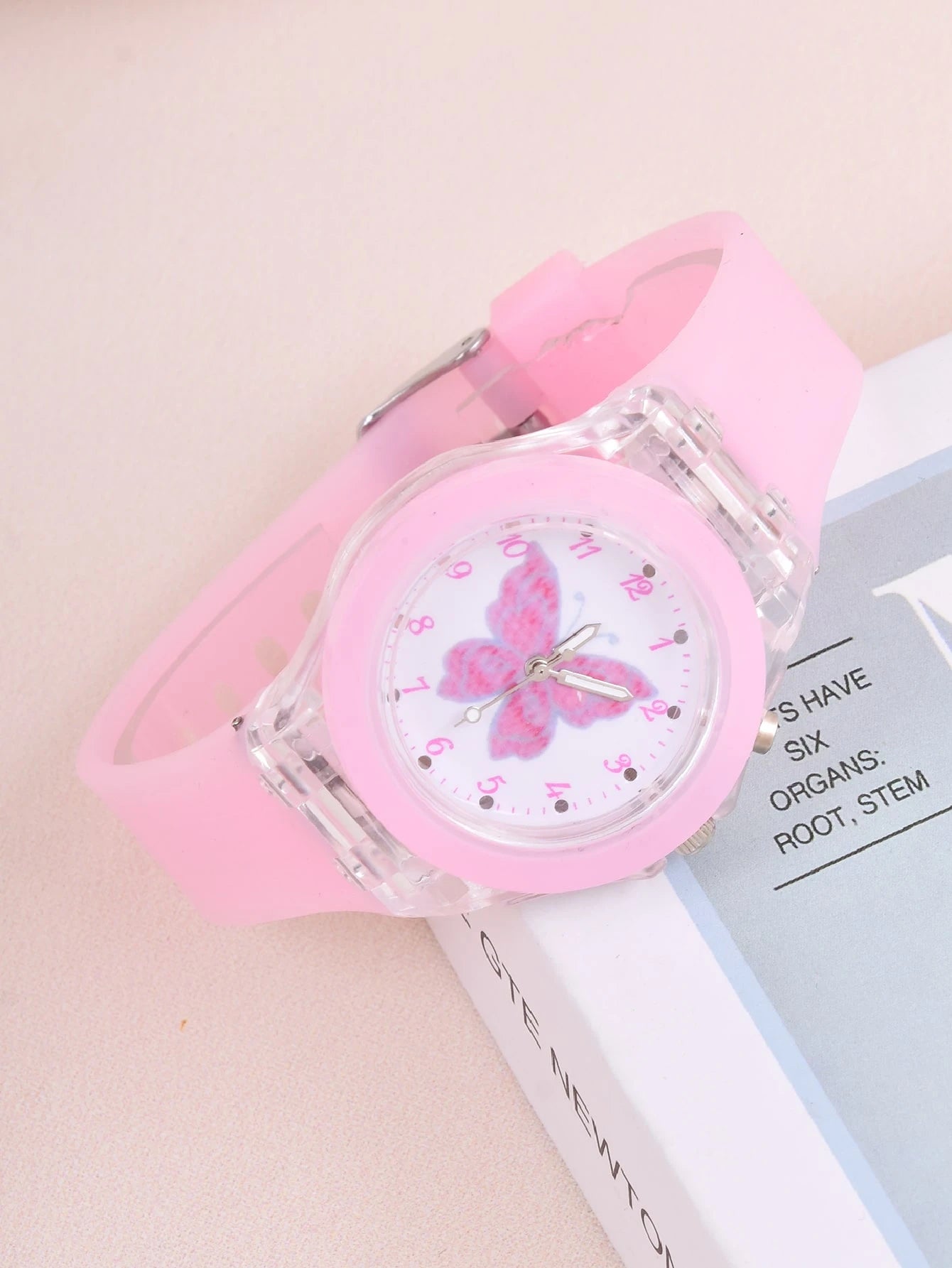 1pc Girls Butterfly Pattern Silicone Strap Cute Luminous Round Dial Quartz Watch & 1pc Beaded Bracelet, For Daily Life