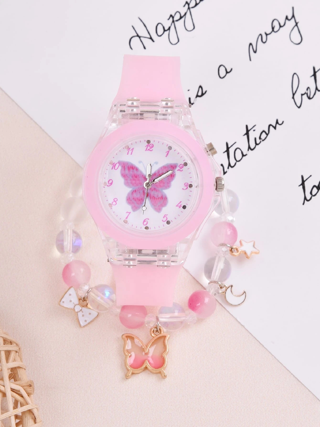 1pc Girls Butterfly Pattern Silicone Strap Cute Luminous Round Dial Quartz Watch & 1pc Beaded Bracelet, For Daily Life