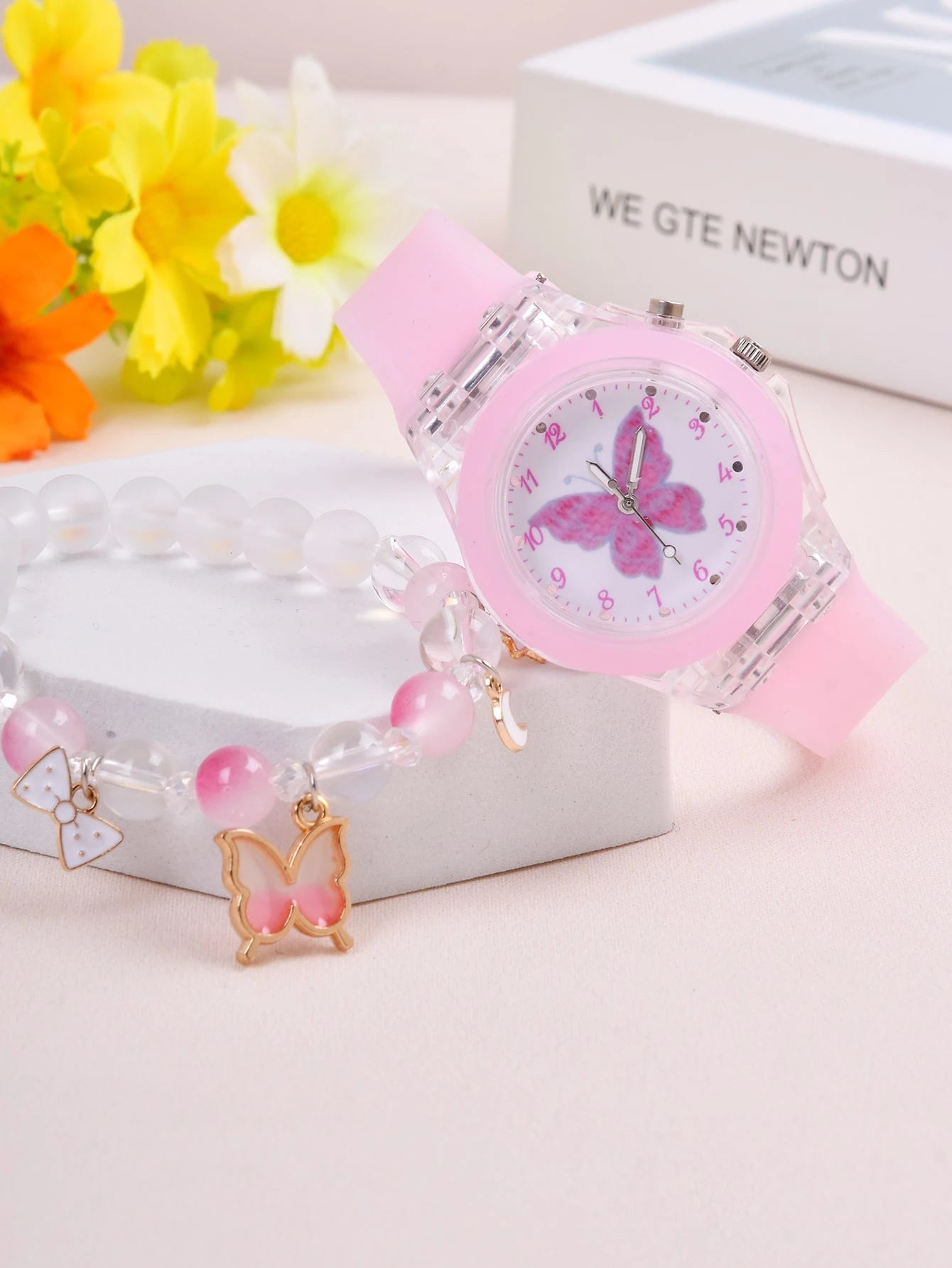 1pc Girls Butterfly Pattern Silicone Strap Cute Luminous Round Dial Quartz Watch & 1pc Beaded Bracelet, For Daily Life