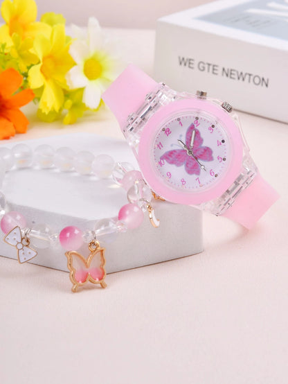 1pc Girls Butterfly Pattern Silicone Strap Cute Luminous Round Dial Quartz Watch & 1pc Beaded Bracelet, For Daily Life