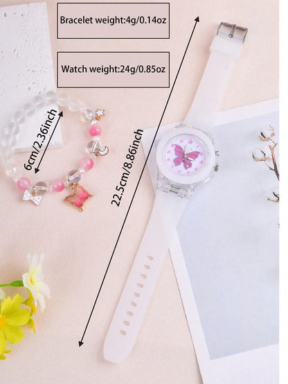 1pc Girls Butterfly Pattern Silicone Strap Cute Luminous Round Dial Quartz Watch & 1pc Beaded Bracelet, For Daily Life