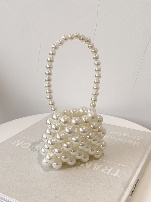 1pc Girls Solid Color Cute Handmade Pearl Beaded Open Mouth Handbag, Suitable For Holiday Decoration
