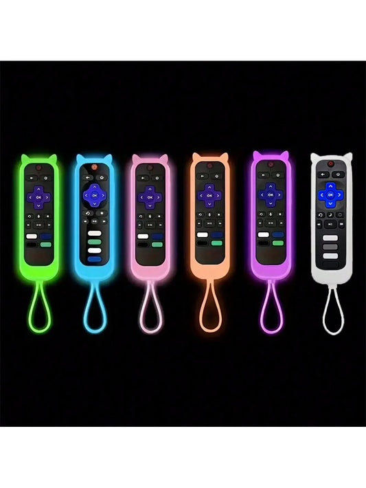 1pc Glow In The Dark Cute Cat's Ears Shaped Silicone Universal Remote Control Cover With Lanyard Suitable For TCL/Hisense/Sharp Roku TV Express 4K+ Remote- Protect Your Remote And Find It Easily In T