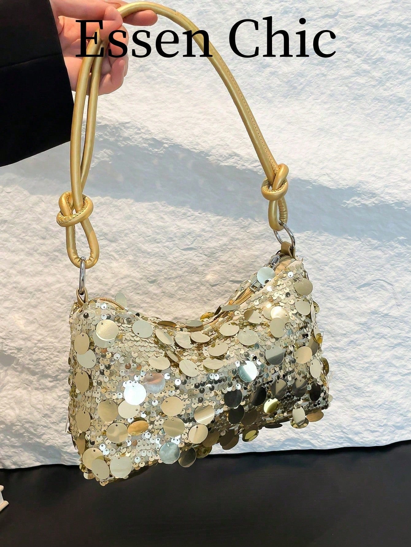 1pc Gold-Tone Glittery Crescent Moon Shape PVC Shoulder Bag For Women, Gold Bag