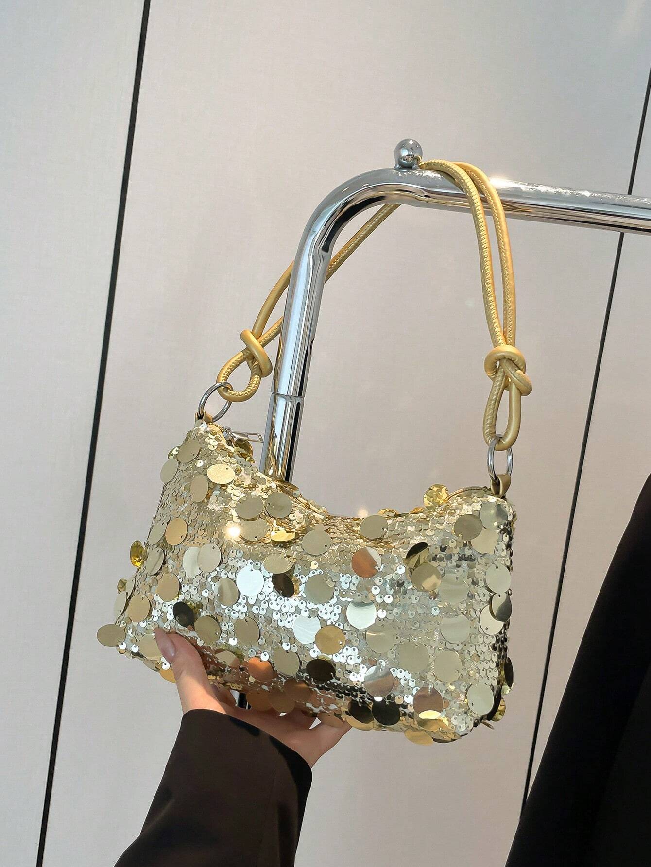 1pc Gold-Tone Glittery Crescent Moon Shape PVC Shoulder Bag For Women, Gold Bag