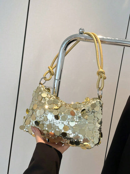 1pc Gold-Tone Glittery Crescent Moon Shape PVC Shoulder Bag For Women, Gold Bag