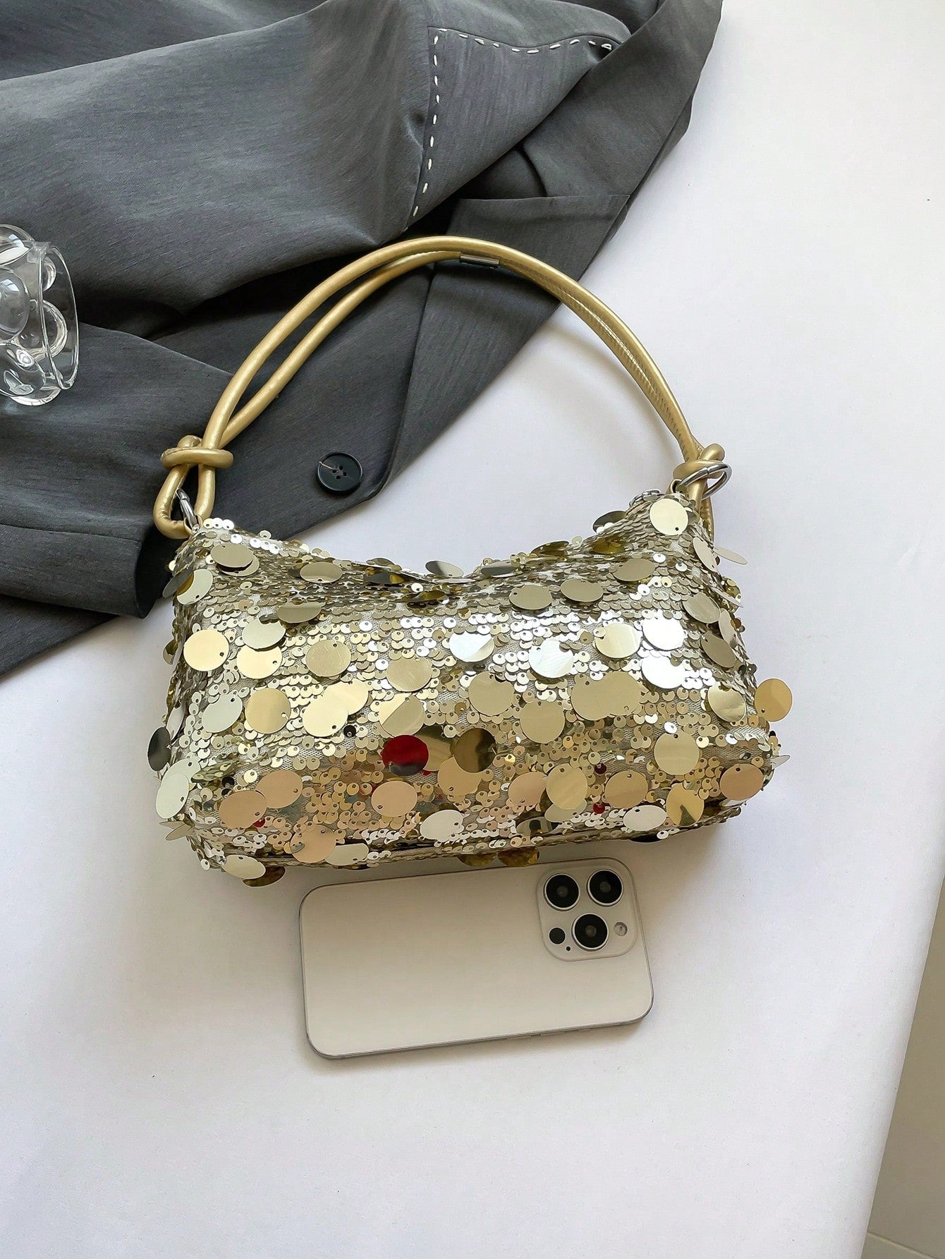 1pc Gold-Tone Glittery Crescent Moon Shape PVC Shoulder Bag For Women, Gold Bag