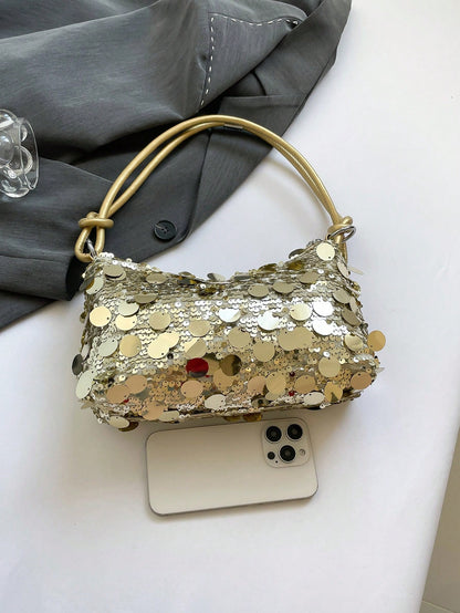 1pc Gold-Tone Glittery Crescent Moon Shape PVC Shoulder Bag For Women, Gold Bag