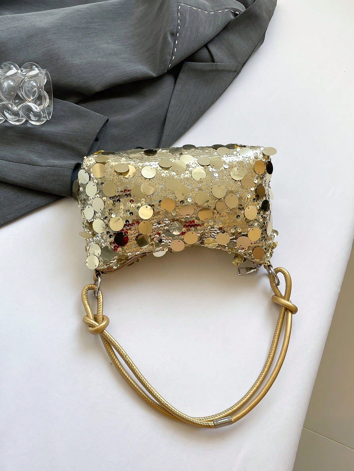 1pc Gold-Tone Glittery Crescent Moon Shape PVC Shoulder Bag For Women, Gold Bag