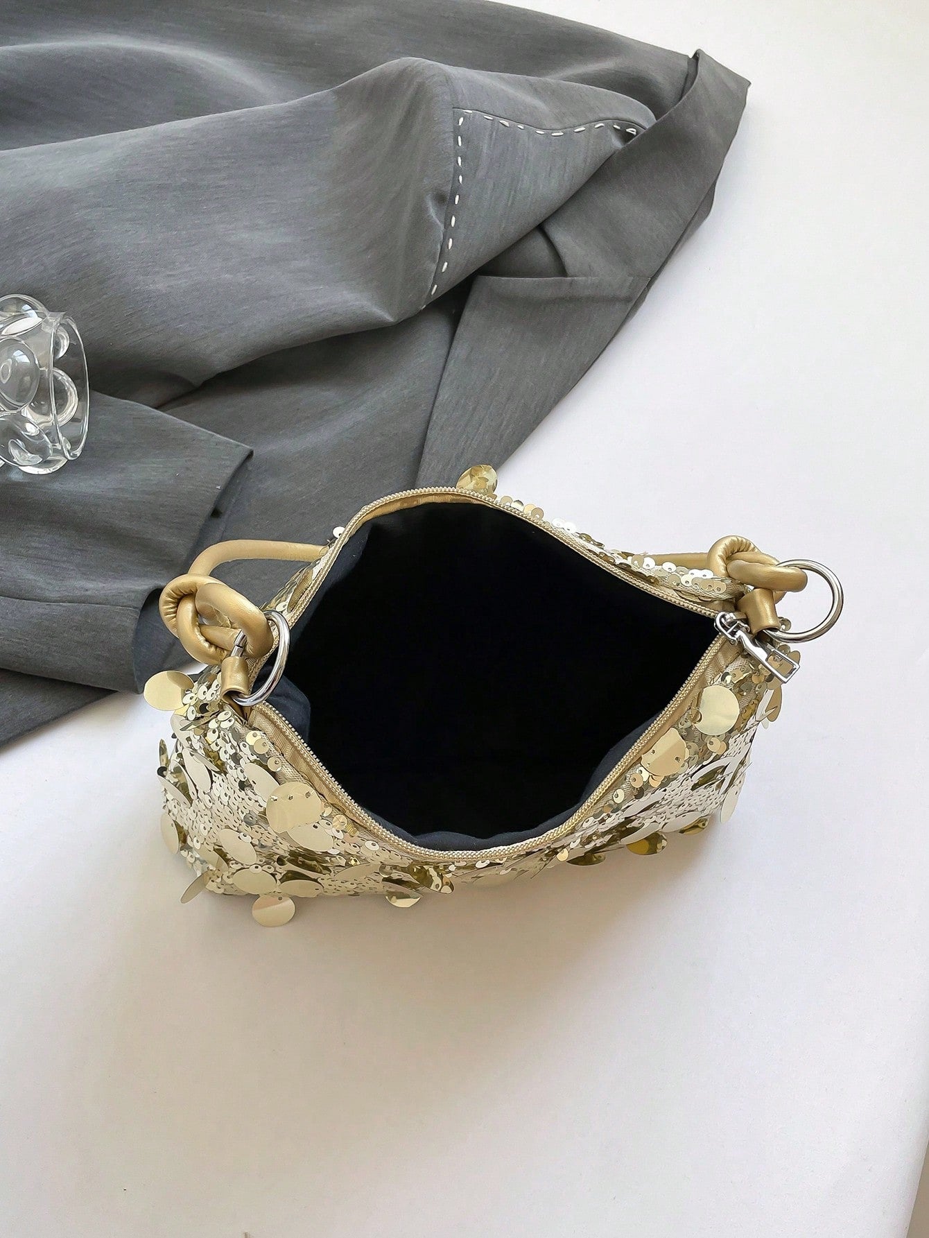 1pc Gold-Tone Glittery Crescent Moon Shape PVC Shoulder Bag For Women, Gold Bag