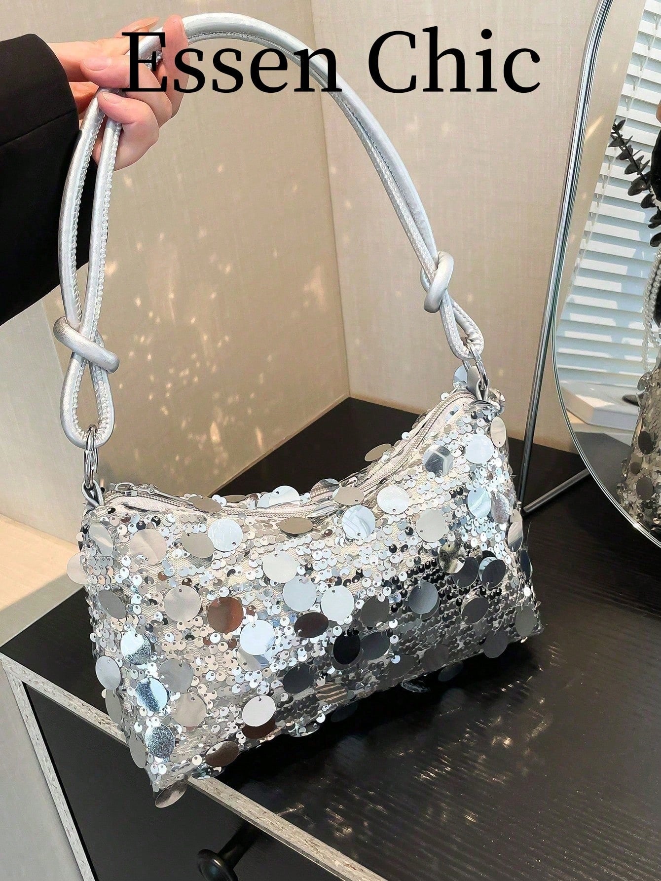 1pc Gold-Tone Glittery Crescent Moon Shape PVC Shoulder Bag For Women, Gold Bag