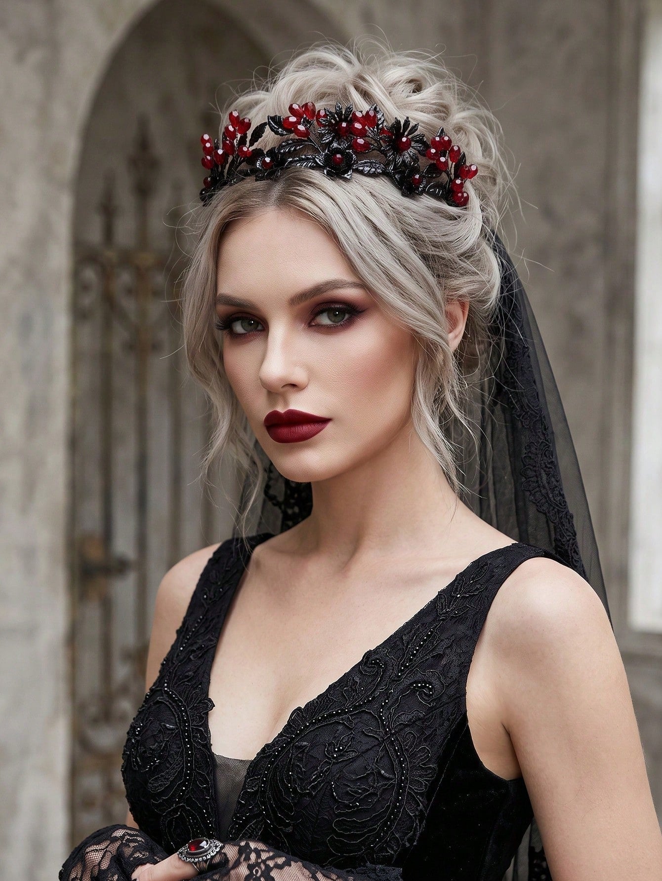 1pc Gothic Black Crystal Floral Tiara Crown Halloween Costume Headband Dark Fairy Bridal Hair Accessories For Women