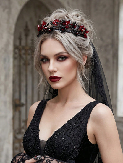 1pc Gothic Black Crystal Floral Tiara Crown Halloween Costume Headband Dark Fairy Bridal Hair Accessories For Women