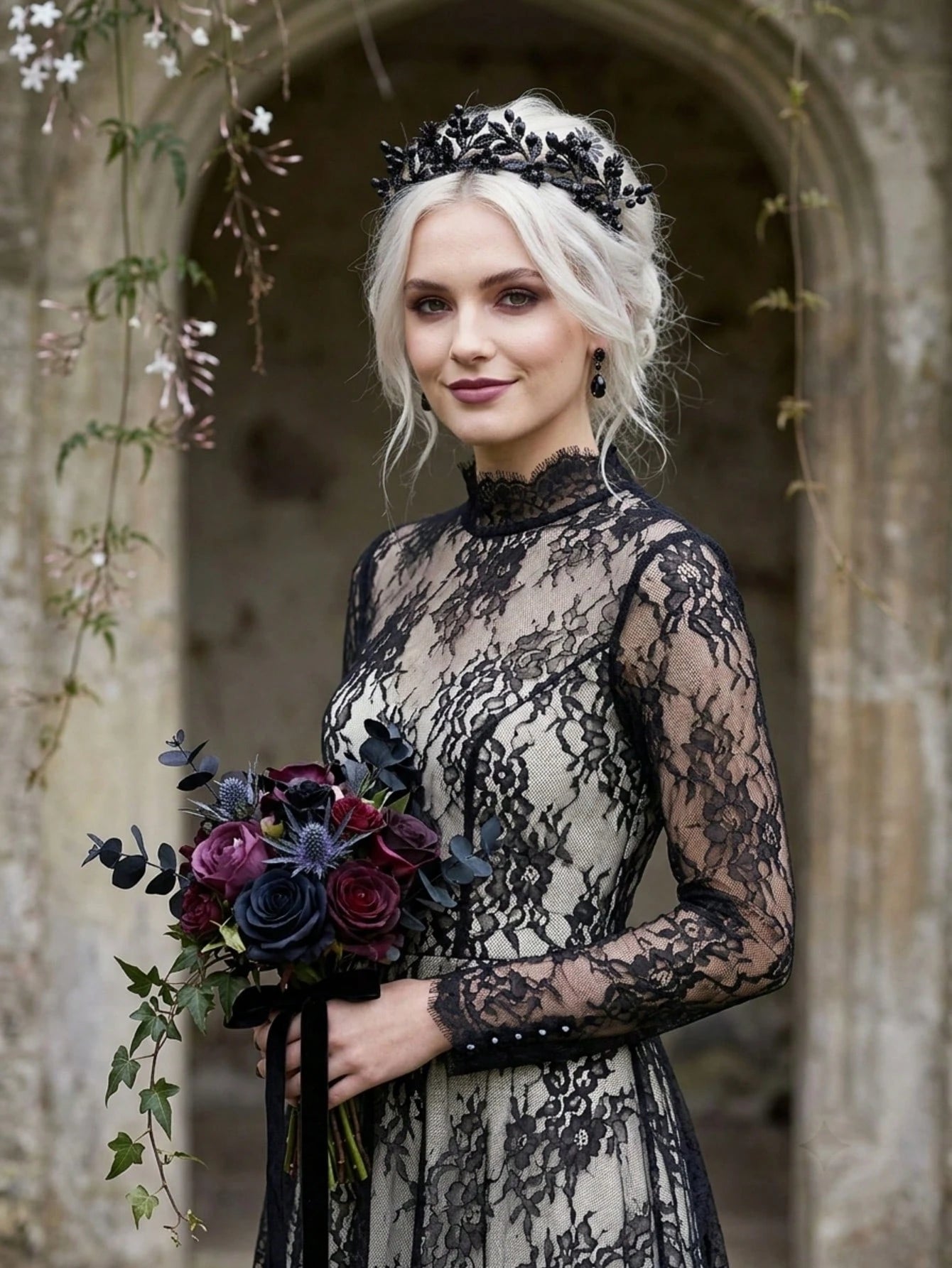 1pc Gothic Black Crystal Floral Tiara Crown Halloween Costume Headband Dark Fairy Bridal Hair Accessories For Women